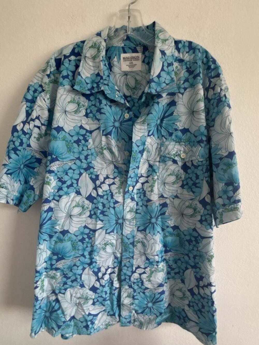 Madison Vintage Wash Blue Floral Short Sleeve Button Down Shirt XXL